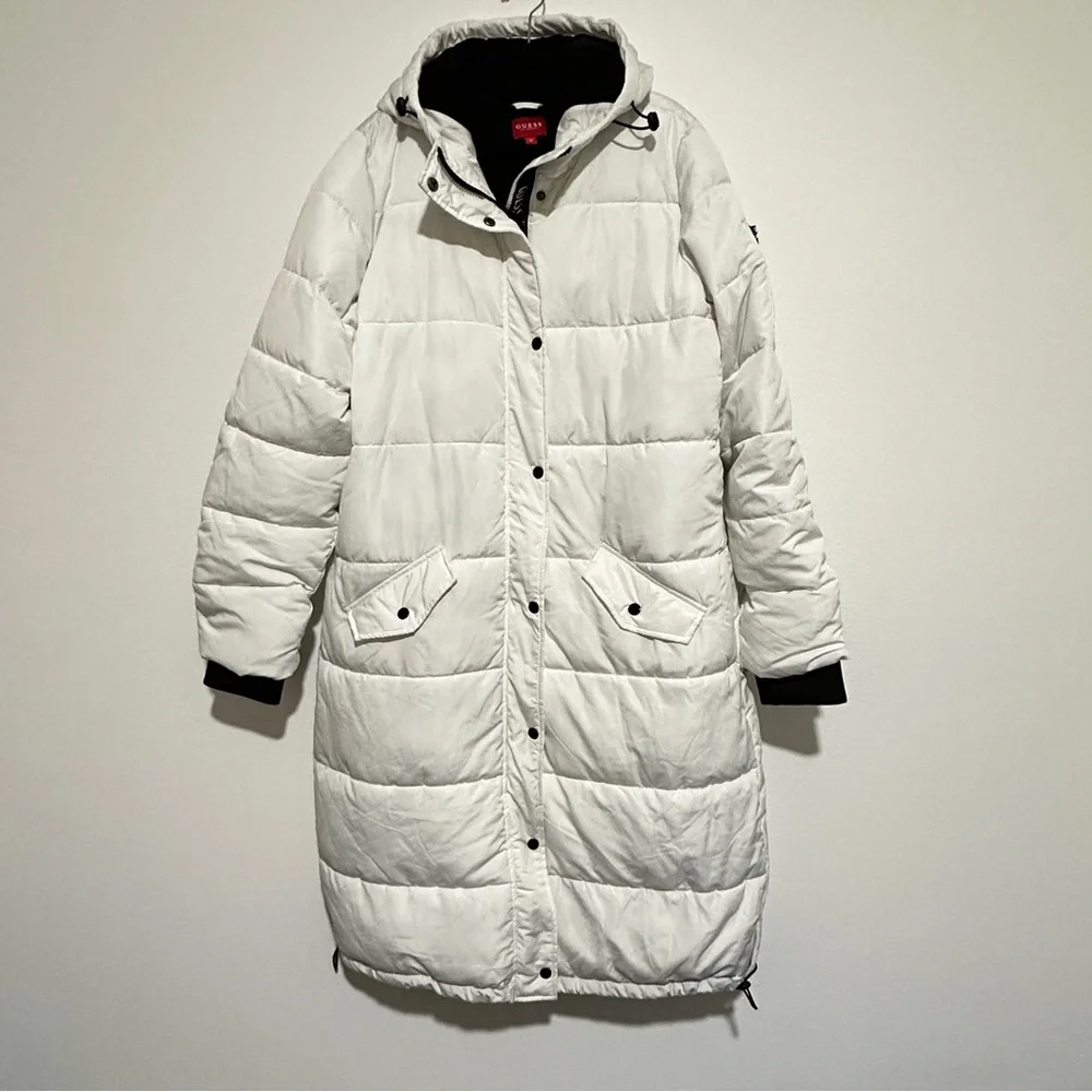 Guess White Black Longline Hooded Zip Button Puffer Jacket / Coat Size XL